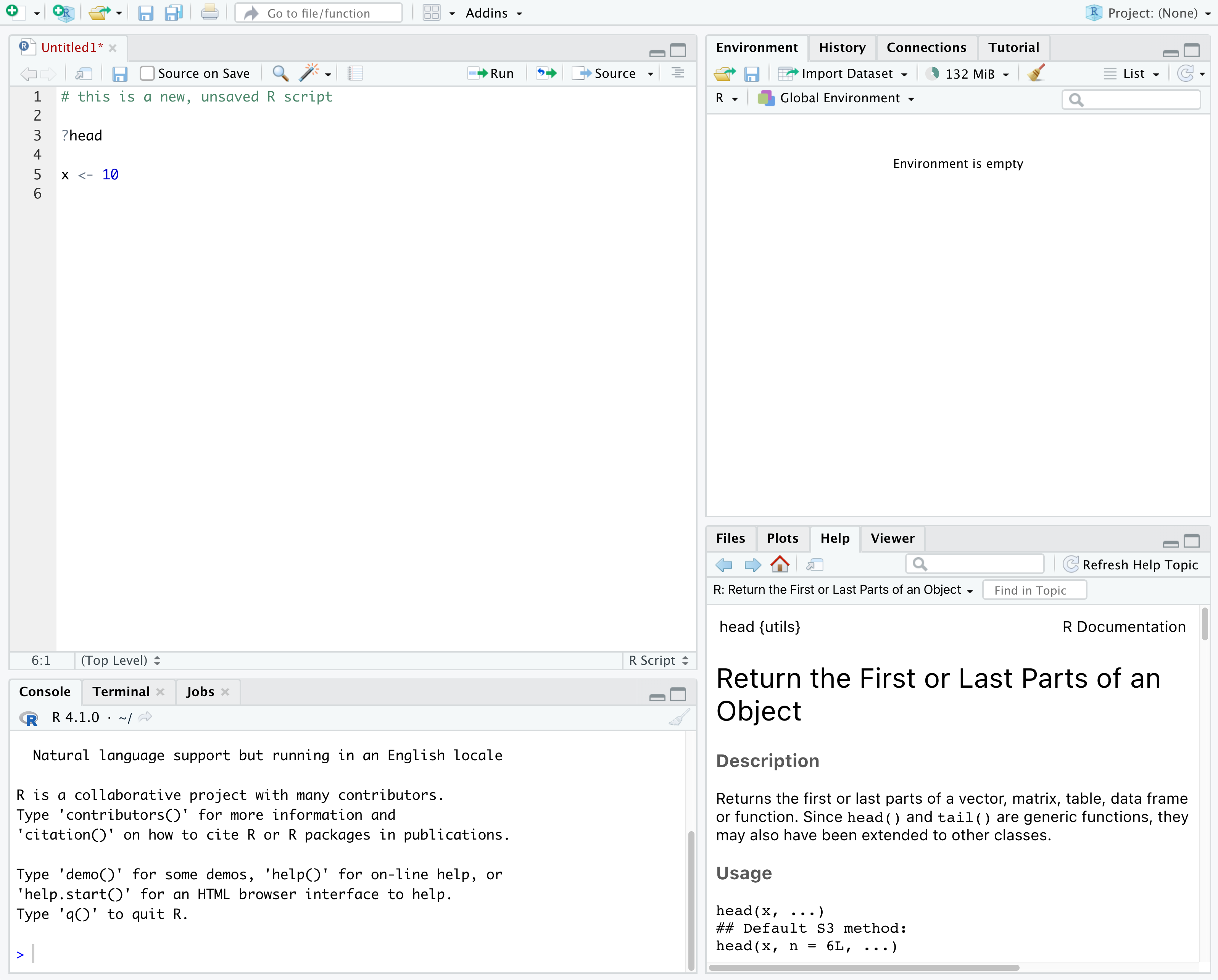 Screenshot of RStudio showing the 4 "panes".