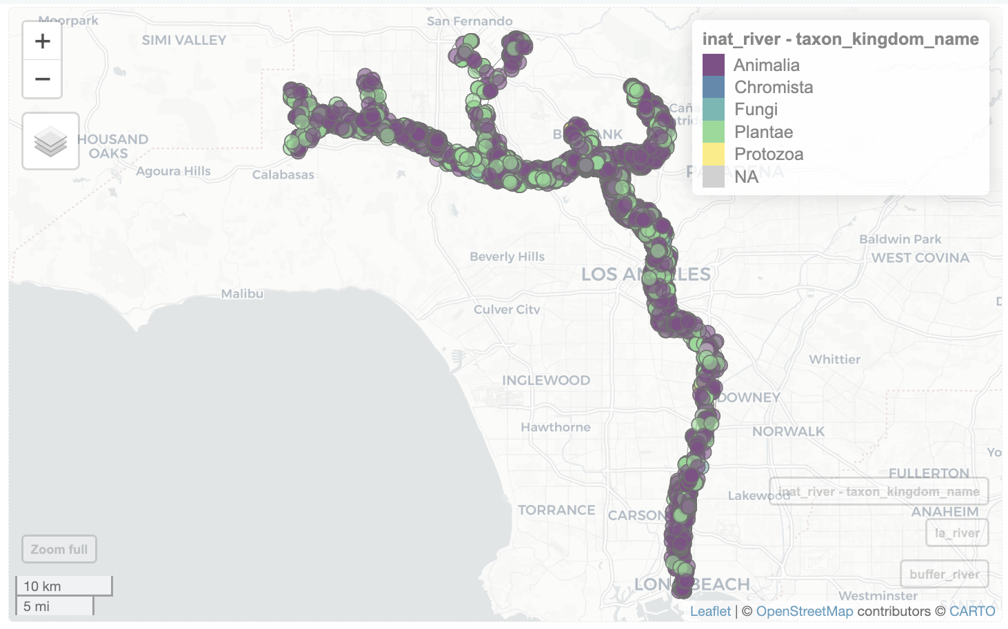 create interactive map of LA River and nearby observations